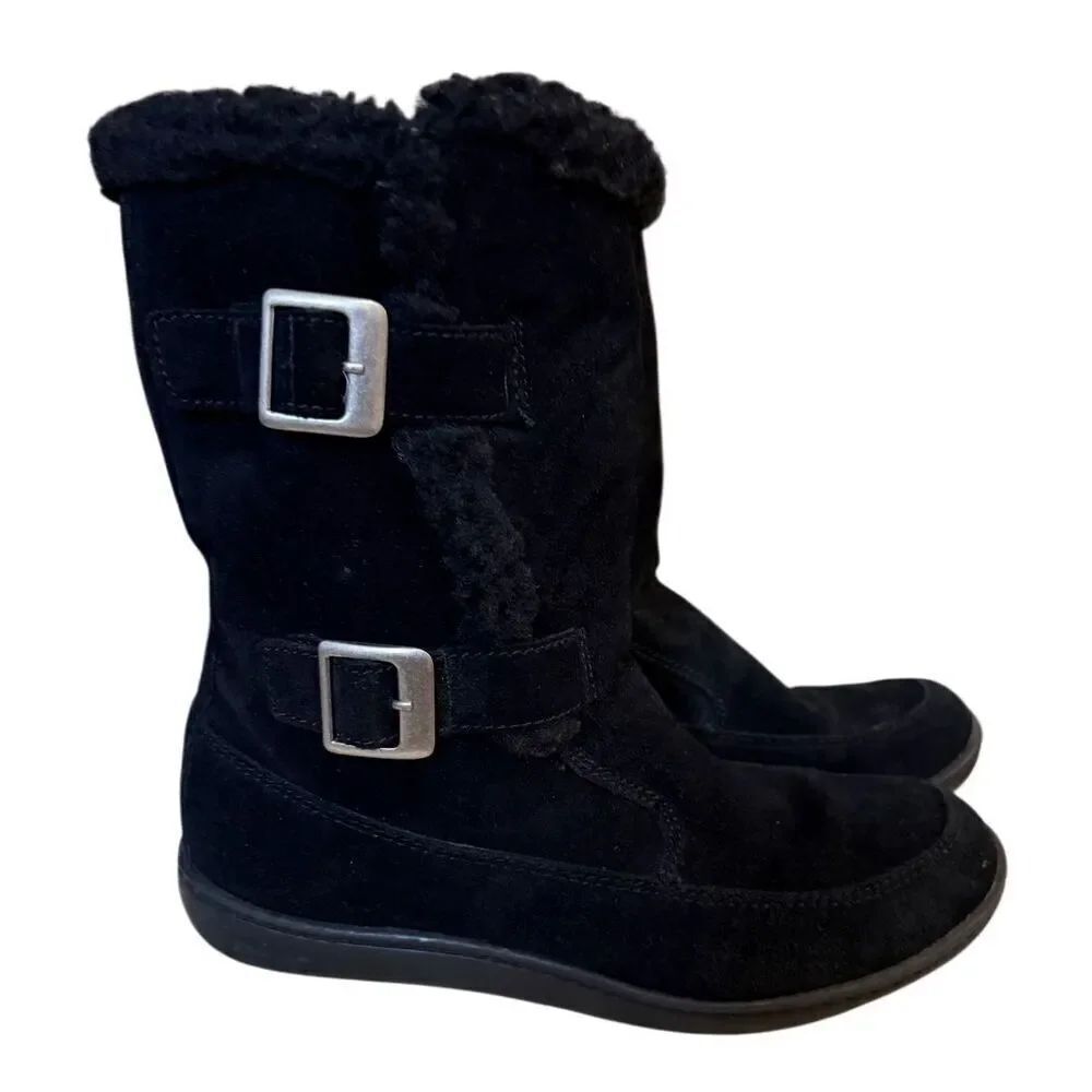 Steve Madden Women’s Suede Boots Side Buckles Fleece Lined Sz. 10.5 Black